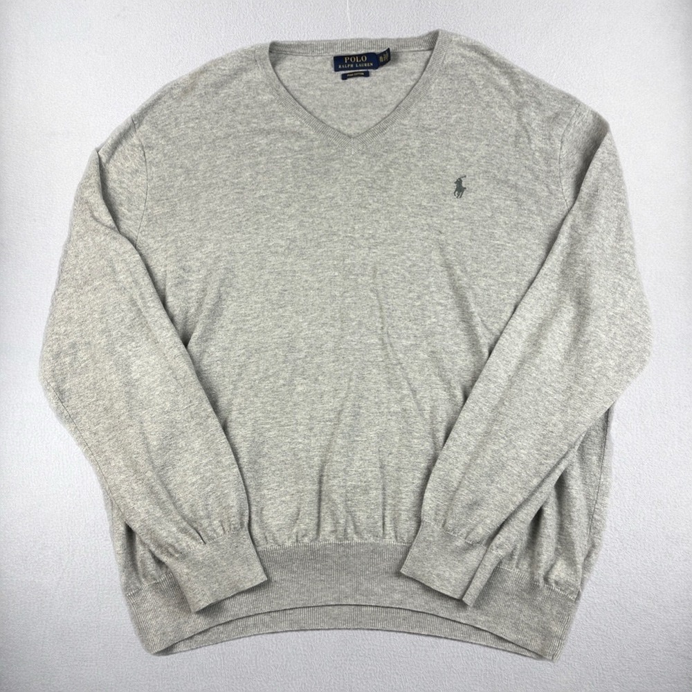 Polo Ralph Lauren Sweater Mens XL Gray Pima Cotton V-Neck Pullover Pony Logo